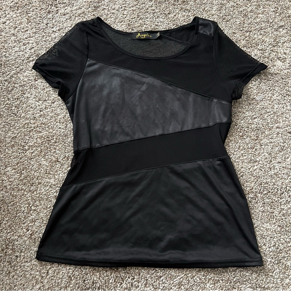 Black faux leather & mesh top